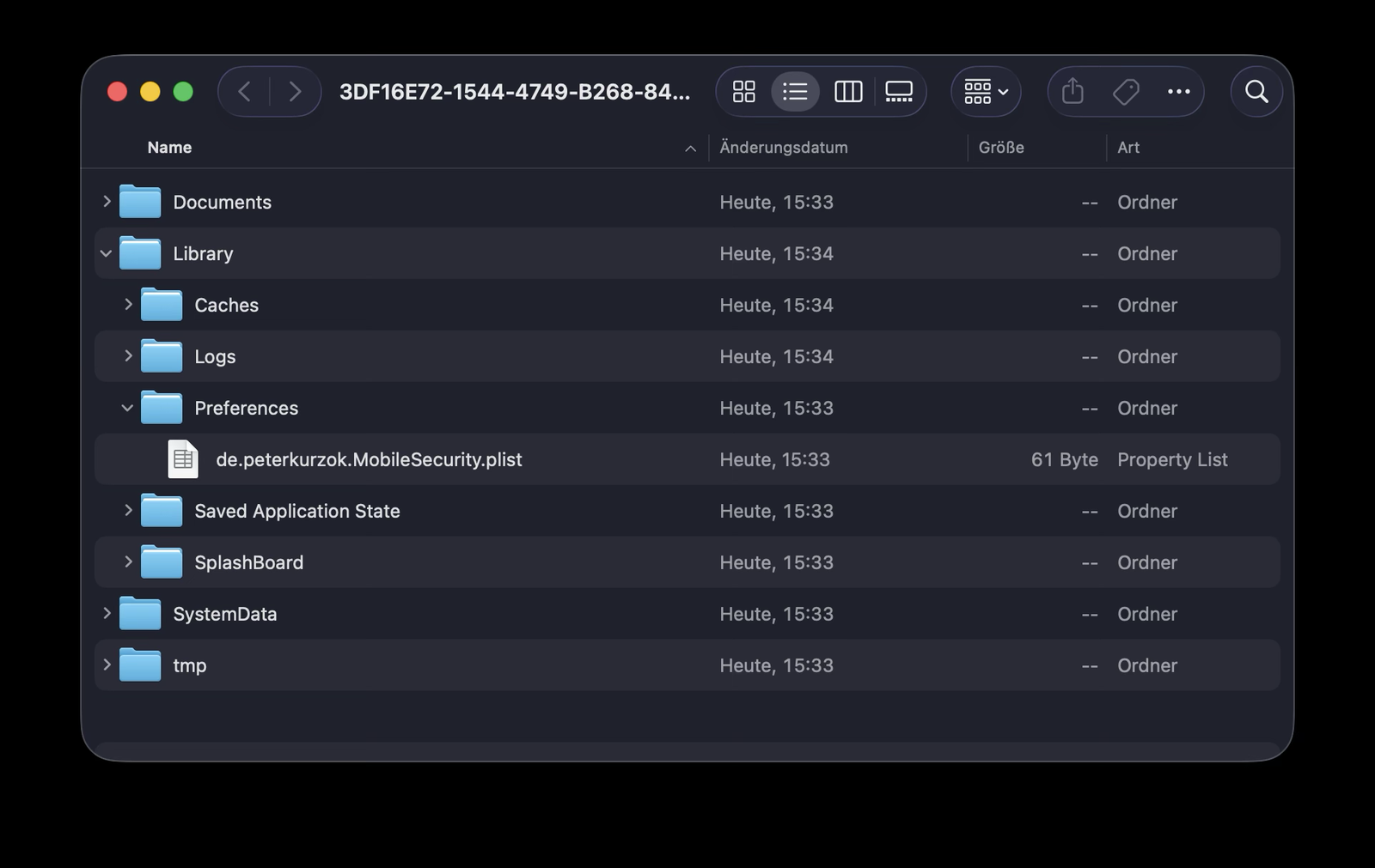 Finder showing a real app container with Documents, Library and tmp