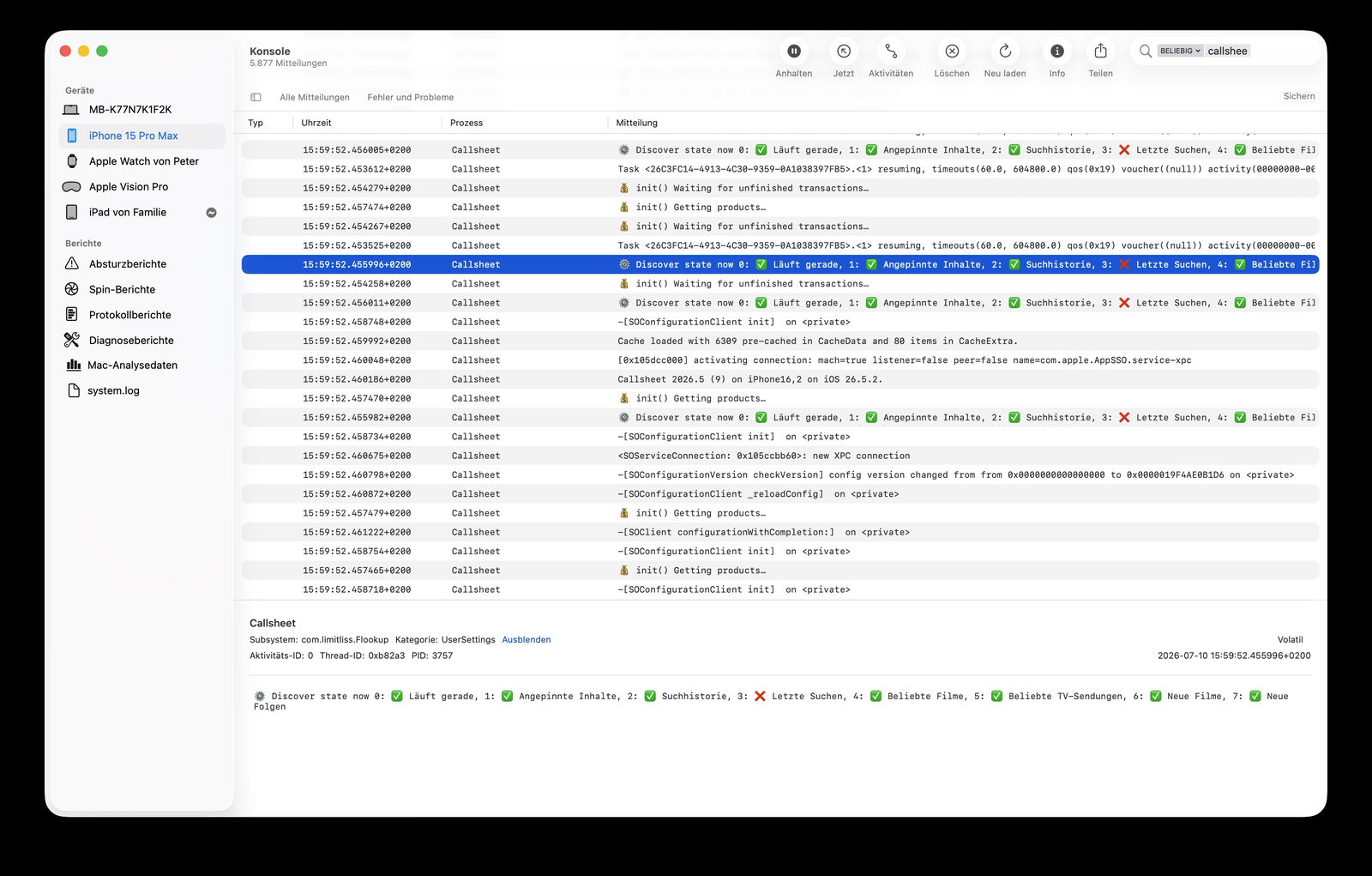 Console.app on a Mac streaming the live log of an app running on a connected iPhone