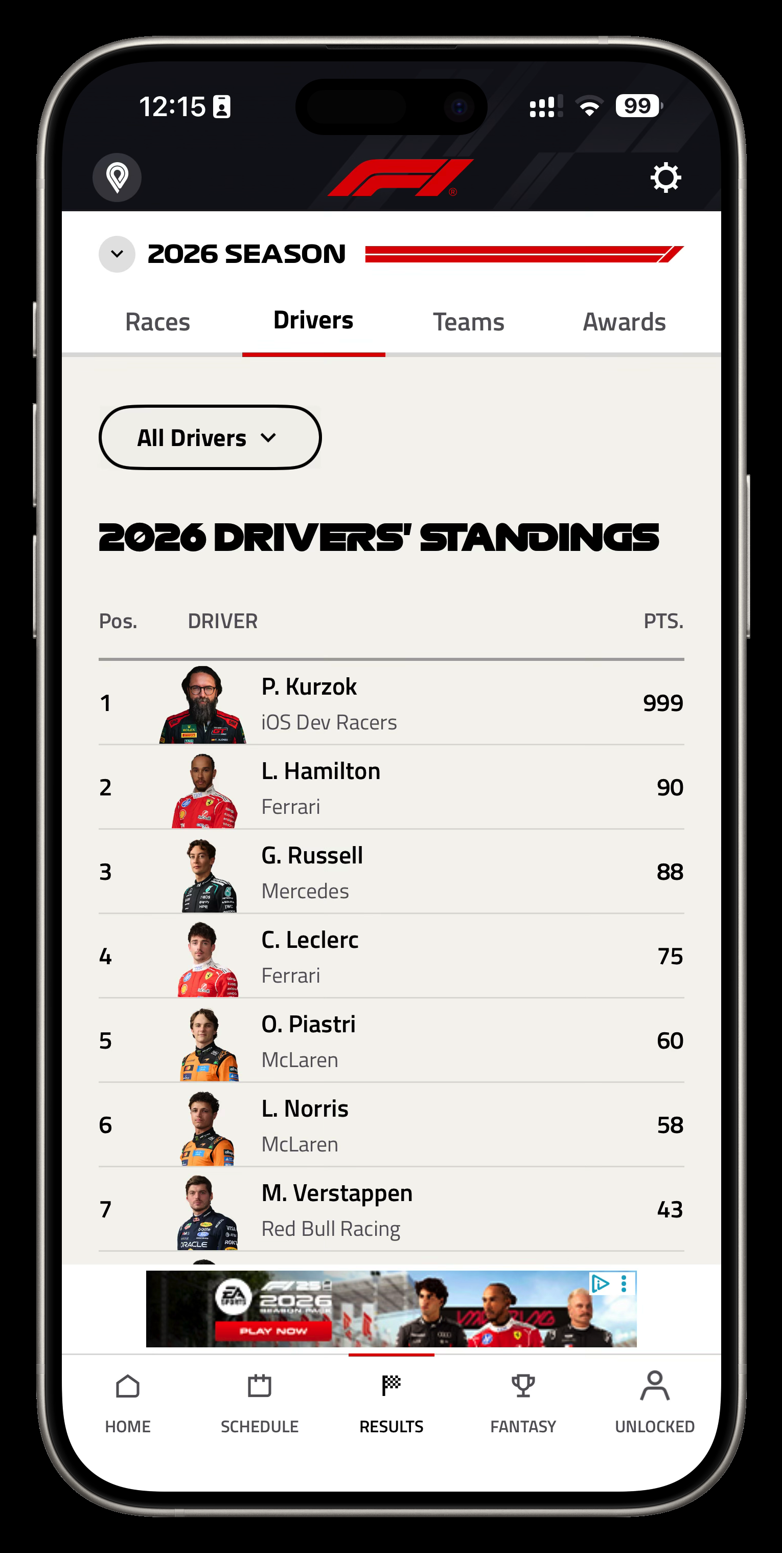 The Formula 1 app&rsquo;s 2026 drivers&rsquo; standings with P. Kurzok in first place on 999 points