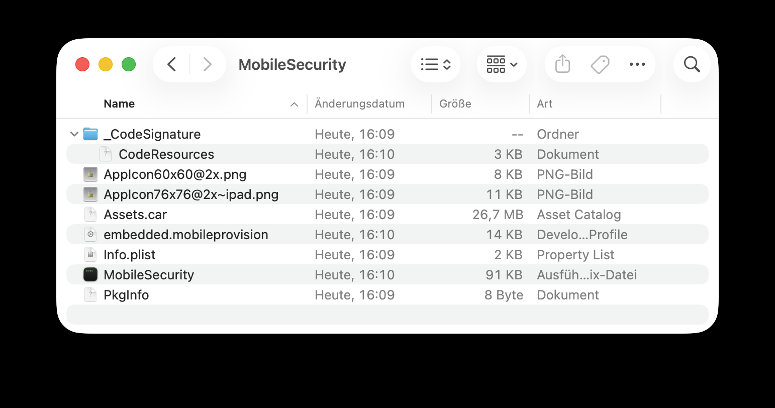 Finder showing the contents of an unzipped iOS app bundle