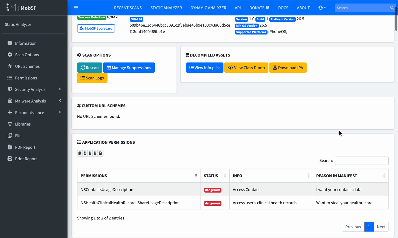 MobSF application permissions table flagging contacts and health record access as dangerous