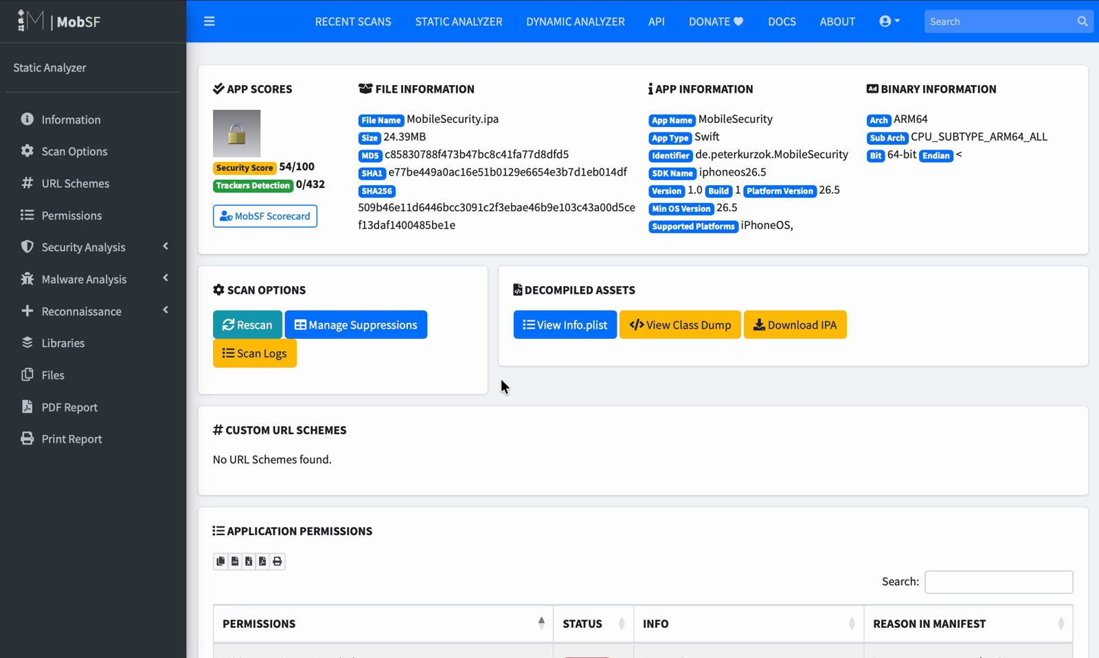 MobSF report header showing a security score of 54 out of 100 for the demo app