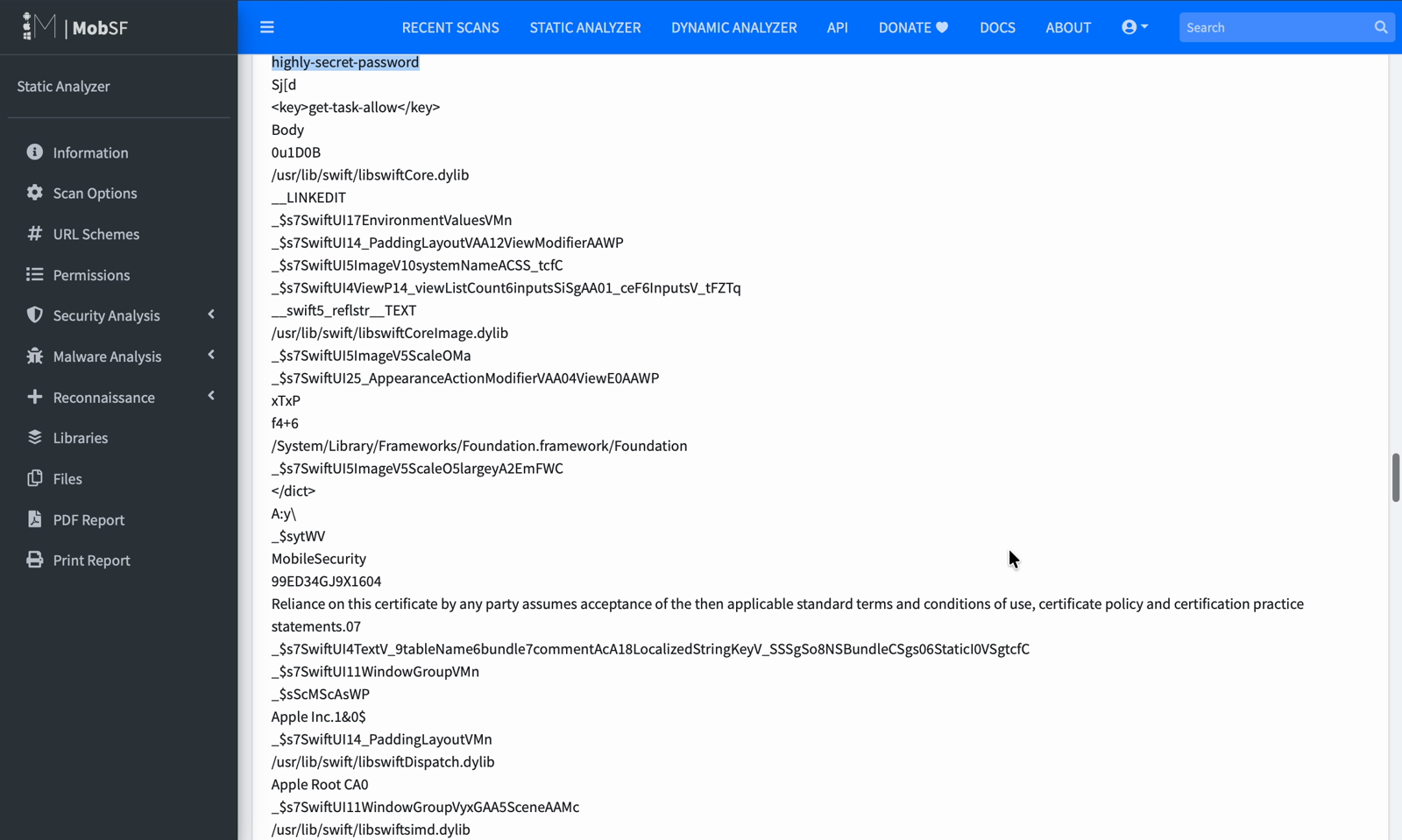 MobSF strings dump of the app binary with a hardcoded password highlighted