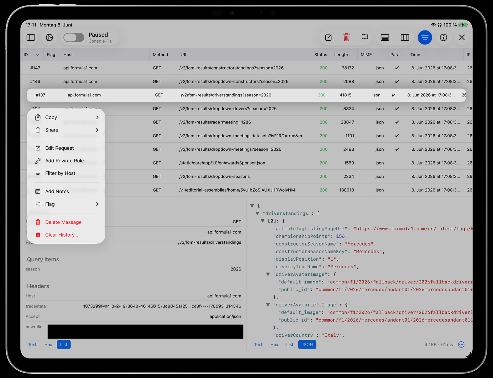 Proxygen context menu on a request with the Add Rewrite Rule entry