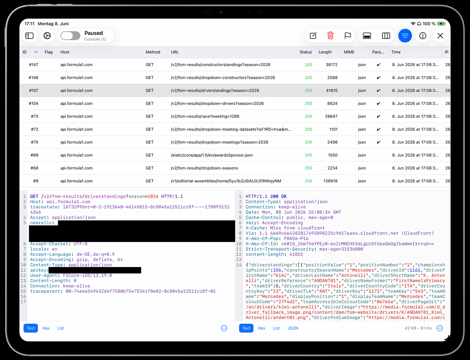 Proxygen on iPad showing intercepted HTTPS requests of the Formula 1 app with request and response bodies